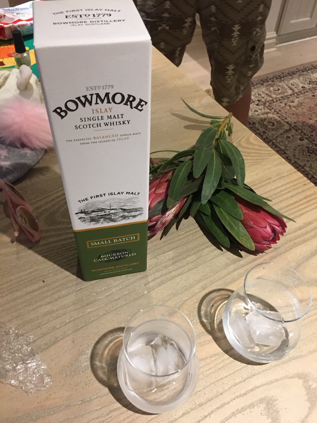 Bowmore whisky with South African protea flowers
