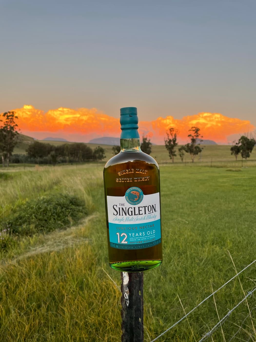 Whisky bottle against a dramatic sunset